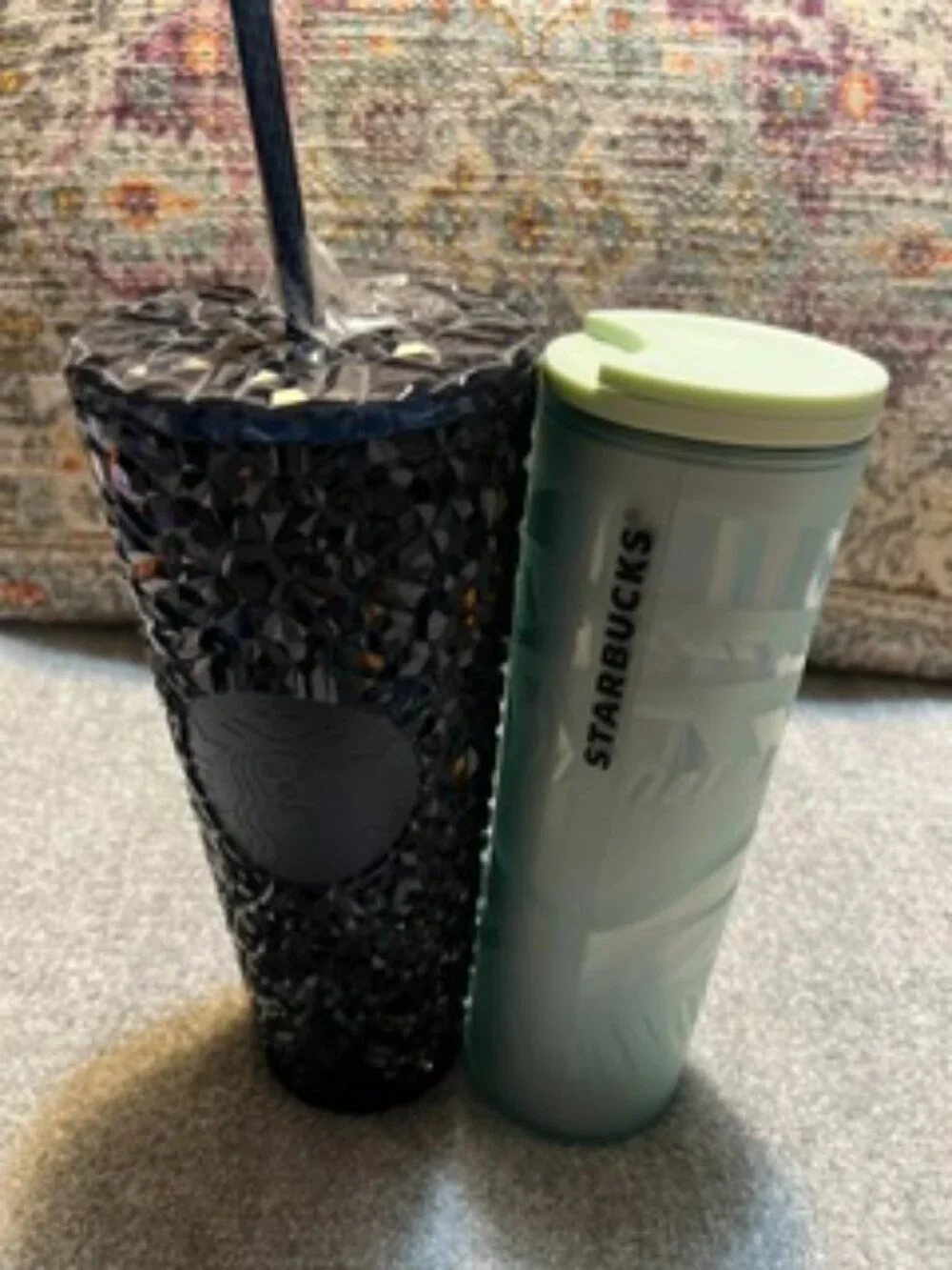 NWT Two Starbucks Travel Cups Never Used Black/Blue and Pale Green